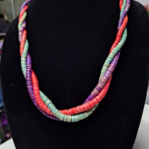 Wooden Necklace 24 Inch Vintage Handmade Tube Beads Triple Strand Hook Clasp - Picture 3 of 10